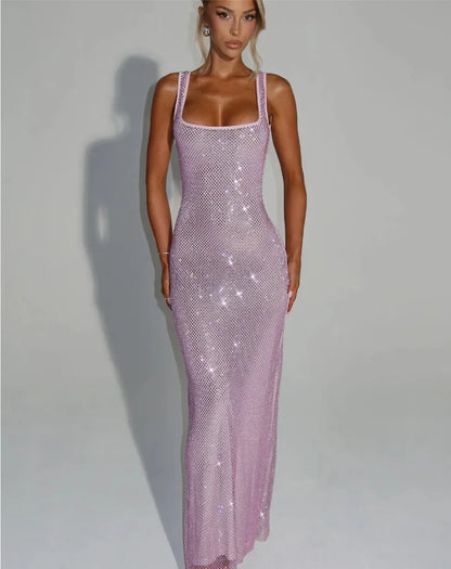Sexy Sequined Sling Long Party Dress Women Slim Square Collar Sleeveless Backless Female Dresses 2025 Summer Lady Beach Robes