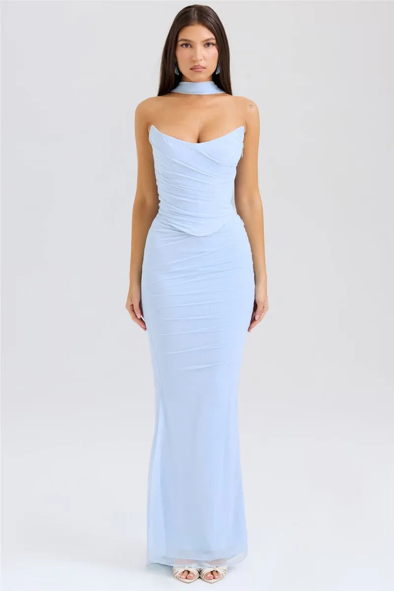 Mozision Sexy Two Piece Sets Women Neckerchief Strapless Crop Tops And Maxi Skirt Sets Sexy Club Party Skirt Two Piece Sets