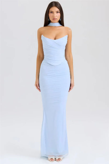 Mozision Sexy Two Piece Sets Women Neckerchief Strapless Crop Tops And Maxi Skirt Sets Sexy Club Party Skirt Two Piece Sets
