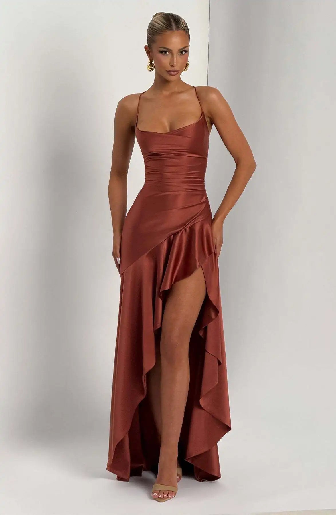 Sexy Satin Club Evening Party Dresses 2025 Summer Women Clothing Elegant Ruffle Irregular Backless Bandage Long Maxi Dress