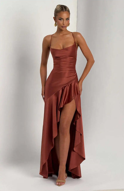 Sexy Satin Club Evening Party Dresses 2025 Summer Women Clothing Elegant Ruffle Irregular Backless Bandage Long Maxi Dress