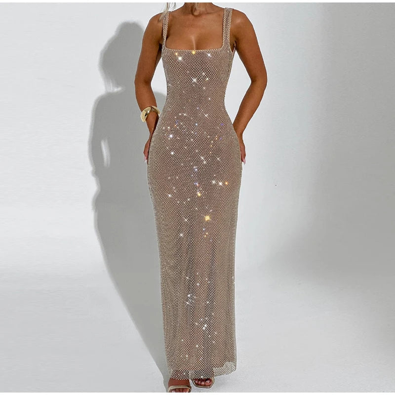 Sexy Sequined Sling Long Party Dress Women Slim Square Collar Sleeveless Backless Female Dresses 2025 Summer Lady Beach Robes