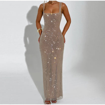 Sexy Sequined Sling Long Party Dress Women Slim Square Collar Sleeveless Backless Female Dresses 2025 Summer Lady Beach Robes