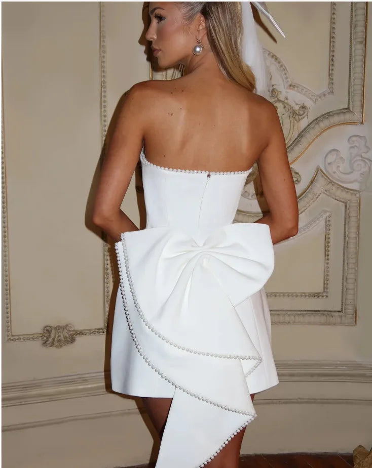 Elegant Pearl Bow Backless Sexy Mini Dress Women's Luxury Party Short Dresses White Black Pink Birthday Evening Wedding Summer