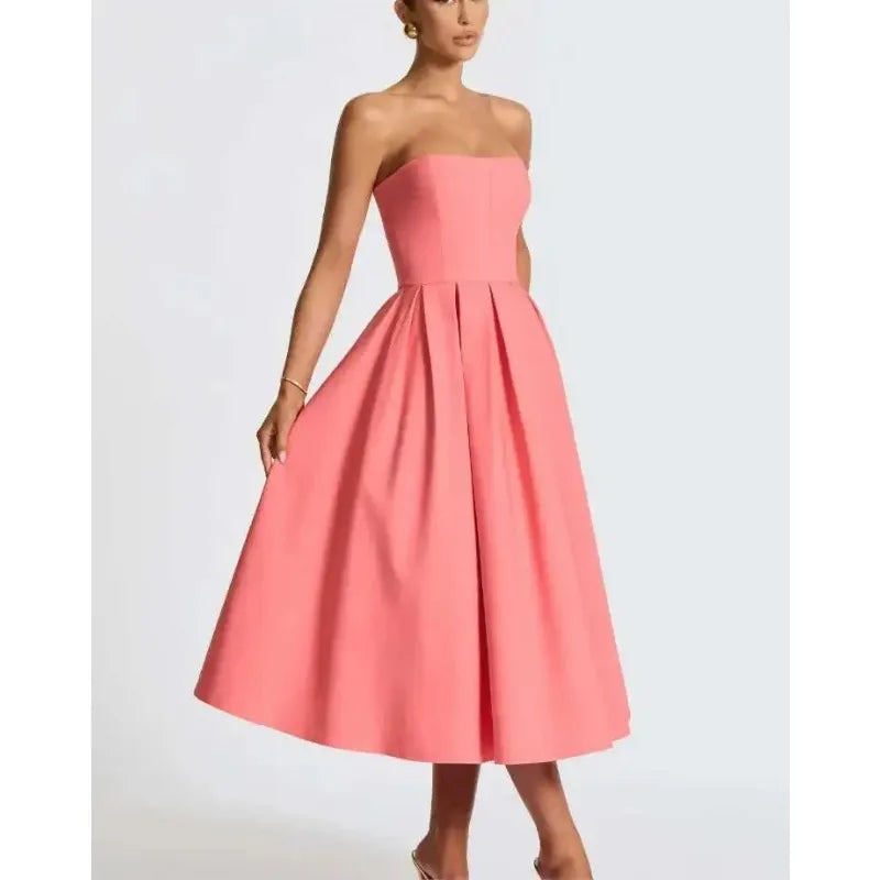 Strapless Lining Pleated Evening Party Dress Women Robes Backless Elegant Sexy Dress Bodycon Long Summer Dress Vestidos