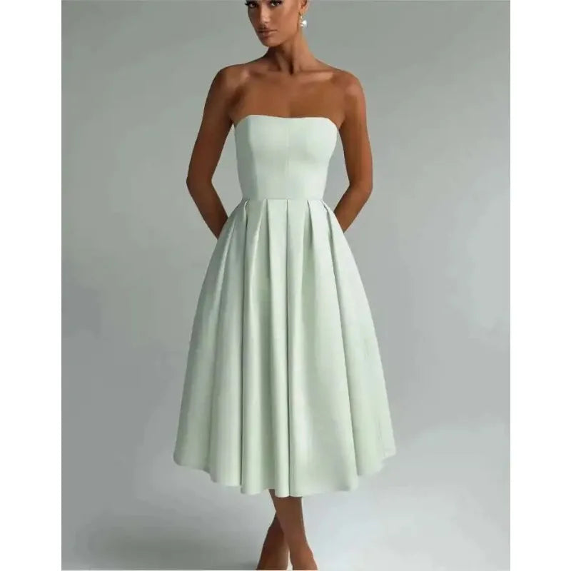 Strapless Lining Pleated Evening Party Dress Women Robes Backless Elegant Sexy Dress Bodycon Long Summer Dress Vestidos