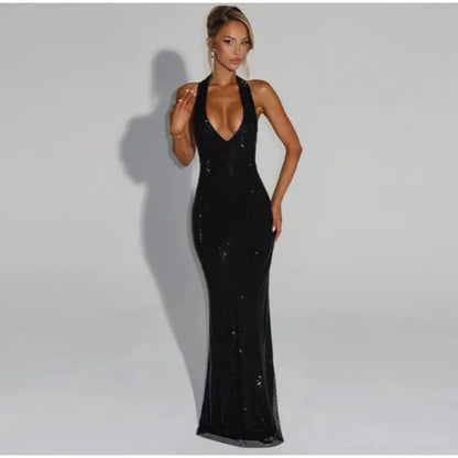 Women Glitter Halter Long Dress Sleeveless Backless Evening Party Solid Dresses Female Summer Chic Hollow Out Lady Vestidos
