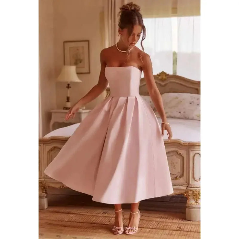 Strapless Lining Pleated Evening Party Dress Women Robes Backless Elegant Sexy Dress Bodycon Long Summer Dress Vestidos