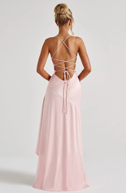Sexy Satin Club Evening Party Dresses 2025 Summer Women Clothing Elegant Ruffle Irregular Backless Bandage Long Maxi Dress