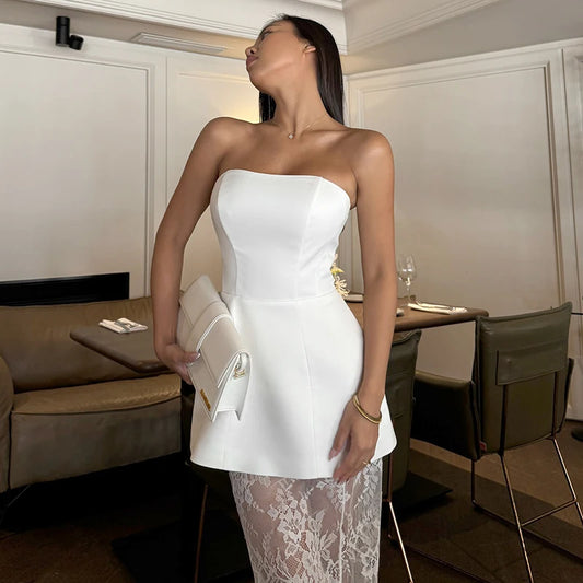 Tornova Strapless Lace Dress Sets Female Elegant Sexy Strap Vest High Waist Splice Long Skirt Ladies Slim Banquet 2 Pieces Set