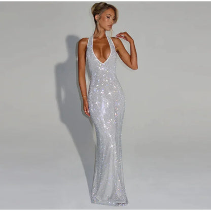 Women Glitter Halter Long Dress Sleeveless Backless Evening Party Solid Dresses Female Summer Chic Hollow Out Lady Vestidos