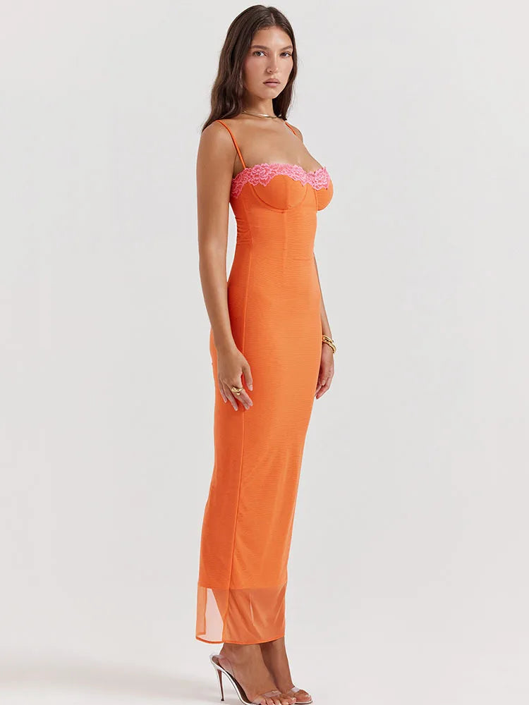 Articat Sexy Lace Patchwork Backless Slim Women Dress Spaghetti Srap Double Layer Bodycon Midi Female Elegant Party Clubwear