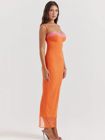 Articat Sexy Lace Patchwork Backless Slim Women Dress Spaghetti Srap Double Layer Bodycon Midi Female Elegant Party Clubwear
