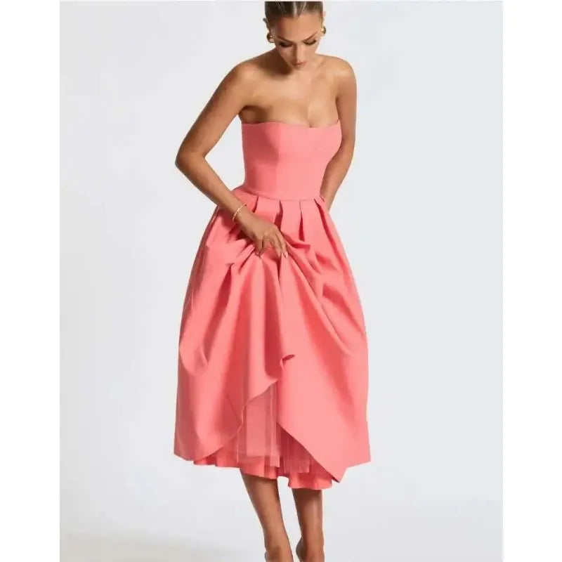 Strapless Lining Pleated Evening Party Dress Women Robes Backless Elegant Sexy Dress Bodycon Long Summer Dress Vestidos