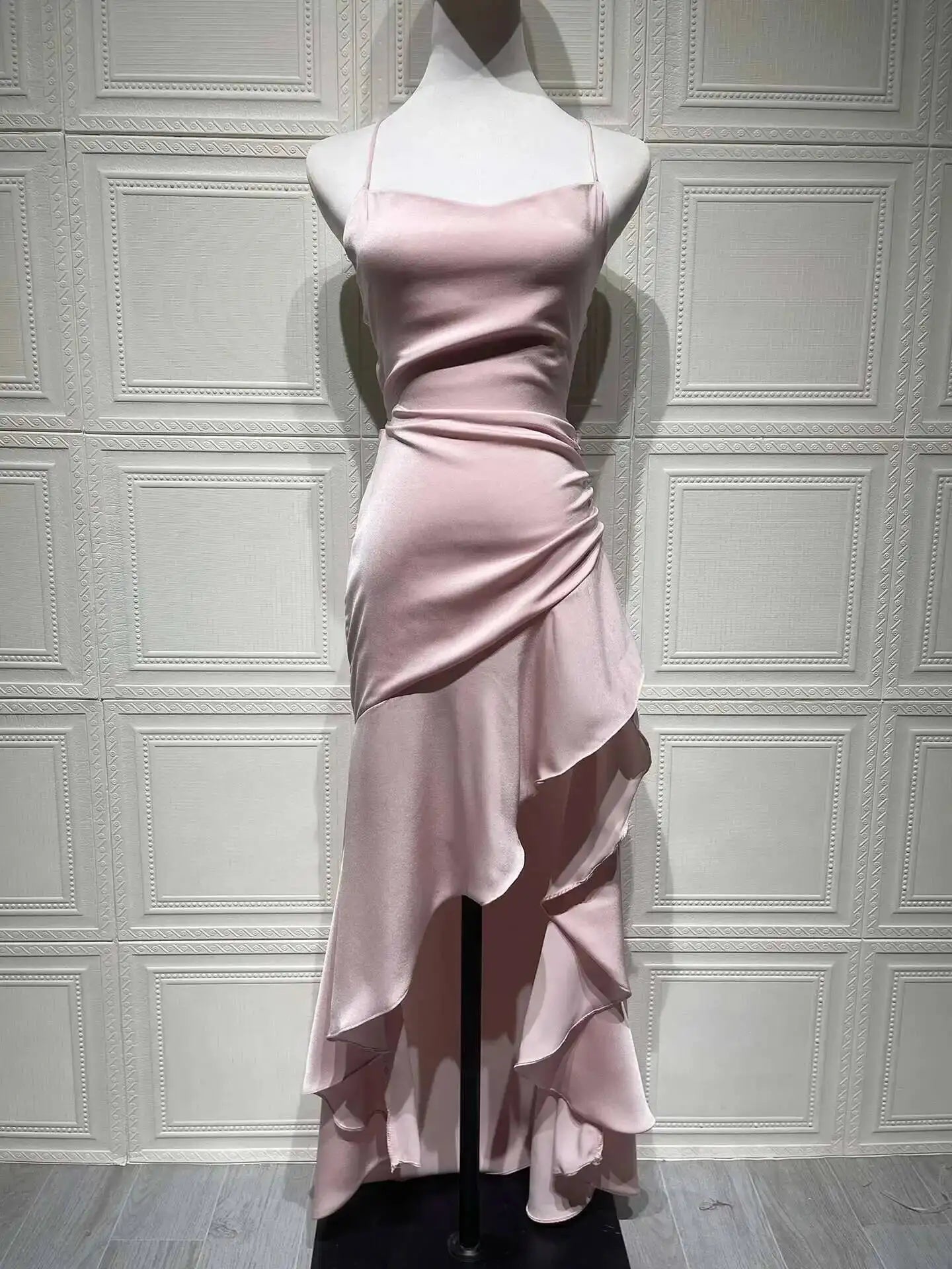 Sexy Satin Club Evening Party Dresses 2025 Summer Women Clothing Elegant Ruffle Irregular Backless Bandage Long Maxi Dress