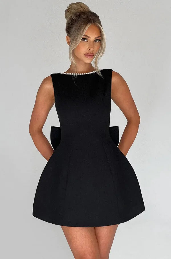 Elegant Pearl Bow Backless Sexy Mini Dress Women's Luxury Party Short Dresses White Black Pink Birthday Evening Wedding Summer