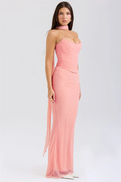 Mozision Sexy Two Piece Sets Women Neckerchief Strapless Crop Tops And Maxi Skirt Sets Sexy Club Party Skirt Two Piece Sets