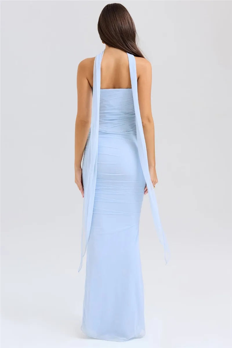 Mozision Sexy Two Piece Sets Women Neckerchief Strapless Crop Tops And Maxi Skirt Sets Sexy Club Party Skirt Two Piece Sets