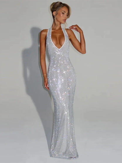 Women Glitter Halter Long Dress Sleeveless Backless Evening Party Solid Dresses Female Summer Chic Hollow Out Lady Vestidos