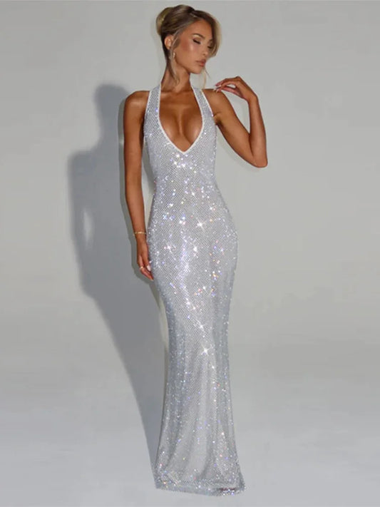 Women Glitter Halter Long Dress Sleeveless Backless Evening Party Solid Dresses Female Summer Chic Hollow Out Lady Vestidos