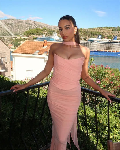 Mozision Sexy Two Piece Sets Women Neckerchief Strapless Crop Tops And Maxi Skirt Sets Sexy Club Party Skirt Two Piece Sets