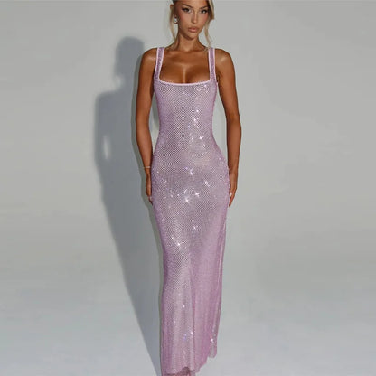 Sexy Sequined Sling Long Party Dress Women Slim Square Collar Sleeveless Backless Female Dresses 2025 Summer Lady Beach Robes