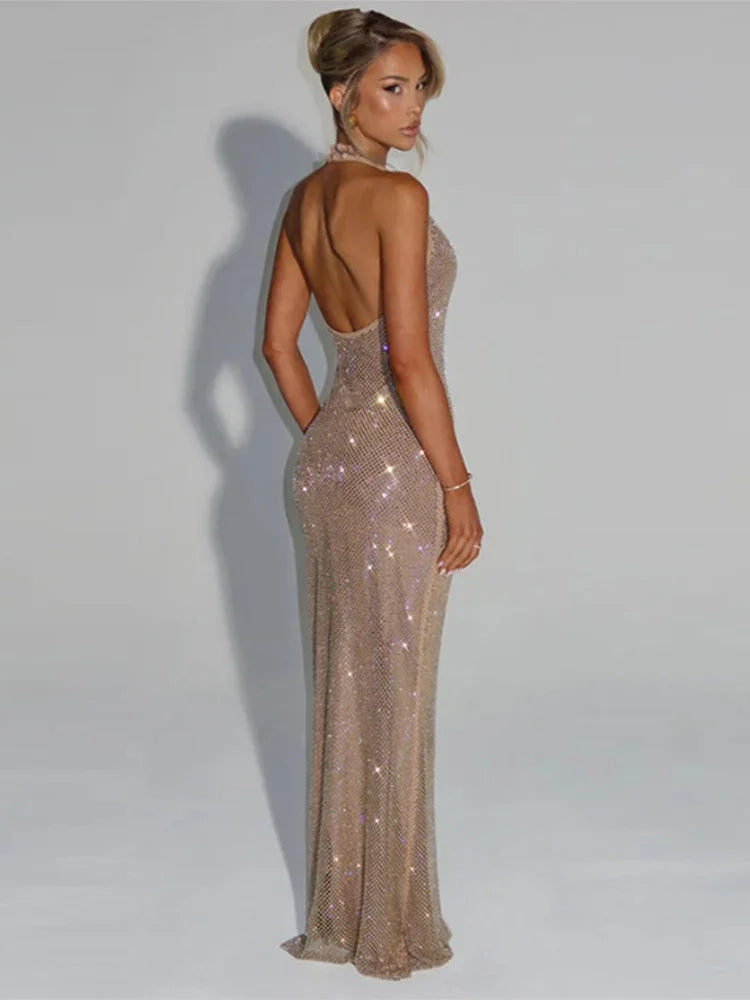 Women Glitter Halter Long Dress Sleeveless Backless Evening Party Solid Dresses Female Summer Chic Hollow Out Lady Vestidos