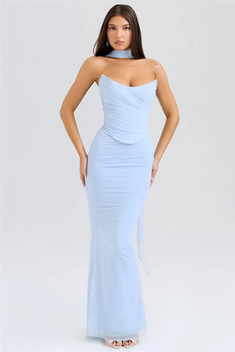 Mozision Sexy Two Piece Sets Women Neckerchief Strapless Crop Tops And Maxi Skirt Sets Sexy Club Party Skirt Two Piece Sets