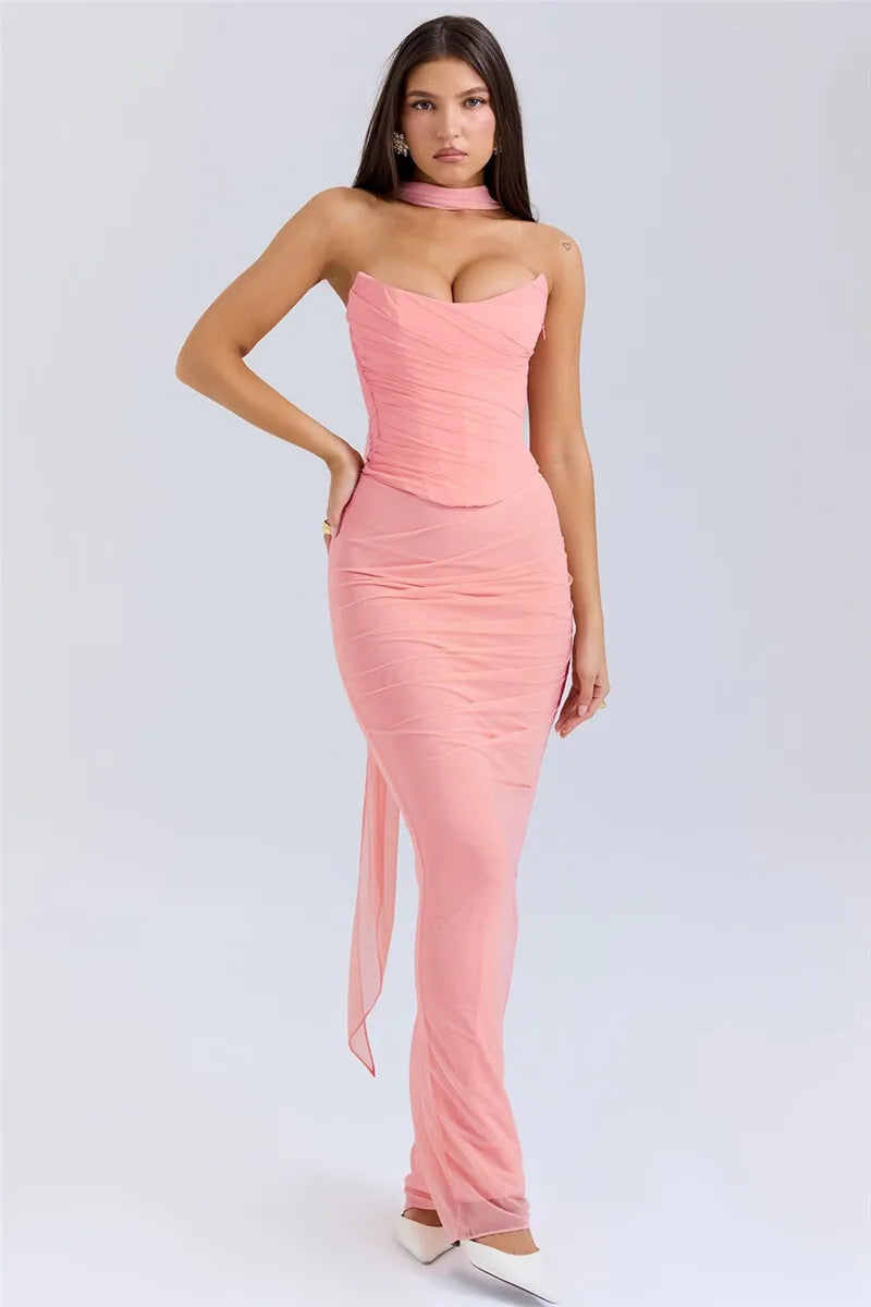Mozision Sexy Two Piece Sets Women Neckerchief Strapless Crop Tops And Maxi Skirt Sets Sexy Club Party Skirt Two Piece Sets