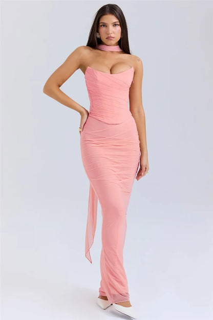 Mozision Sexy Two Piece Sets Women Neckerchief Strapless Crop Tops And Maxi Skirt Sets Sexy Club Party Skirt Two Piece Sets