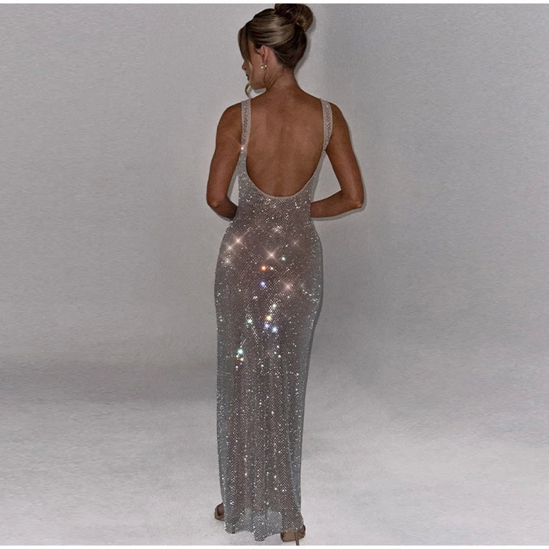 Sexy Sequined Sling Long Party Dress Women Slim Square Collar Sleeveless Backless Female Dresses 2025 Summer Lady Beach Robes