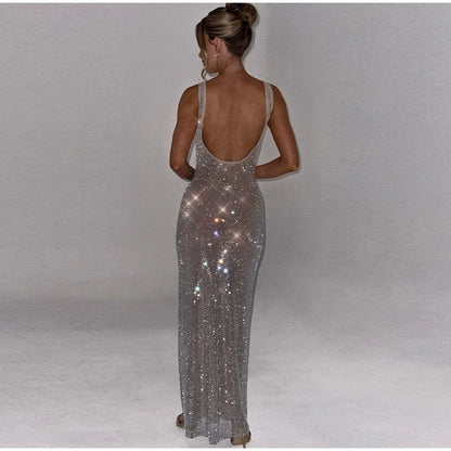 Sexy Sequined Sling Long Party Dress Women Slim Square Collar Sleeveless Backless Female Dresses 2025 Summer Lady Beach Robes