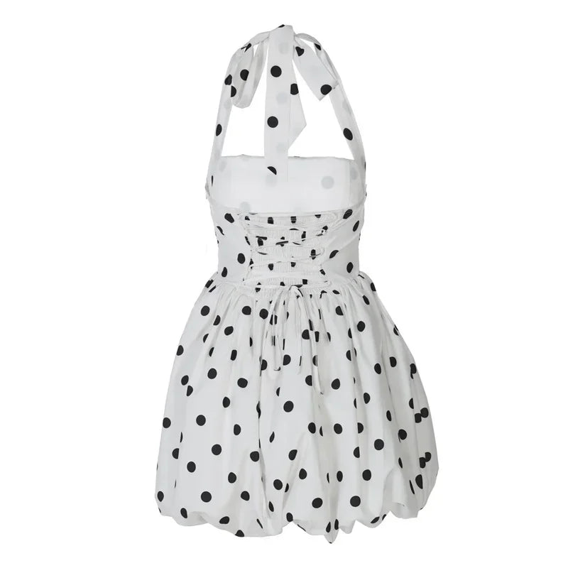 Halter Print Polka Dot Mini Dress Women Fashion Off-shoulder Sleeveless Backless High Waist A-line Club Party Dress