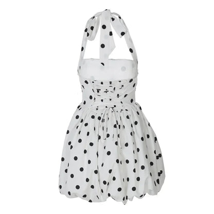 Halter Print Polka Dot Mini Dress Women Fashion Off-shoulder Sleeveless Backless High Waist A-line Club Party Dress