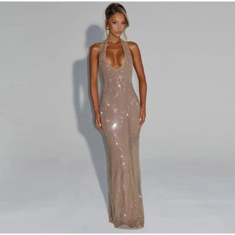 Women Glitter Halter Long Dress Sleeveless Backless Evening Party Solid Dresses Female Summer Chic Hollow Out Lady Vestidos