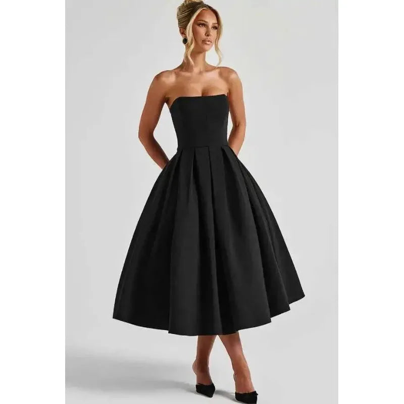 Strapless Lining Pleated Evening Party Dress Women Robes Backless Elegant Sexy Dress Bodycon Long Summer Dress Vestidos