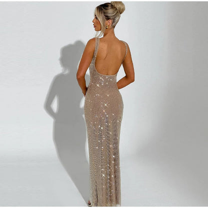 Sexy Sequined Sling Long Party Dress Women Slim Square Collar Sleeveless Backless Female Dresses 2025 Summer Lady Beach Robes