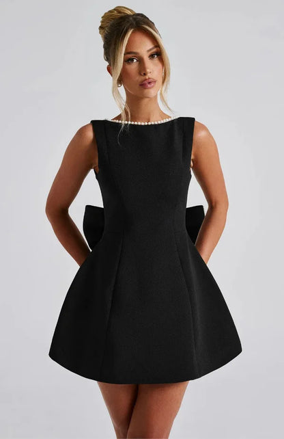 Elegant Pearl Bow Backless Sexy Mini Dress Women's Luxury Party Short Dresses White Black Pink Birthday Evening Wedding Summer