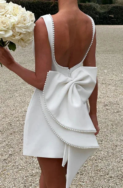 Elegant Pearl Bow Backless Sexy Mini Dress Women's Luxury Party Short Dresses White Black Pink Birthday Evening Wedding Summer