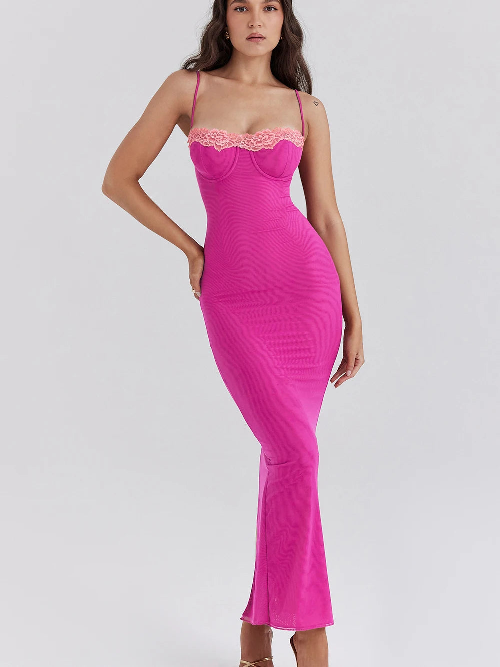 Articat Sexy Lace Patchwork Backless Slim Women Dress Spaghetti Srap Double Layer Bodycon Midi Female Elegant Party Clubwear
