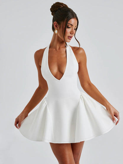 Dulzura Sleeveless Halter Lace Up Mini Dress Women'S Solid Sexy Elegant Prom Dress Evening Party Clubwear Autun Winter Outfit