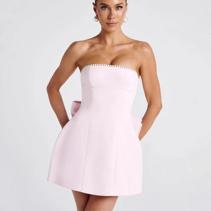 Elegant Pearl Bow Backless Sexy Mini Dress Women's Luxury Party Short Dresses White Black Pink Birthday Evening Wedding Summer