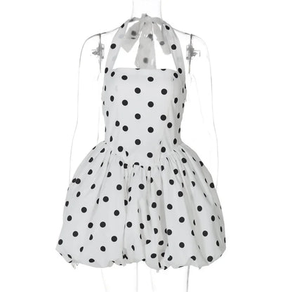 Halter Print Polka Dot Mini Dress Women Fashion Off-shoulder Sleeveless Backless High Waist A-line Club Party Dress