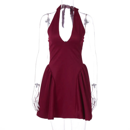 Dulzura Sleeveless Halter Lace Up Mini Dress Women'S Solid Sexy Elegant Prom Dress Evening Party Clubwear Autun Winter Outfit