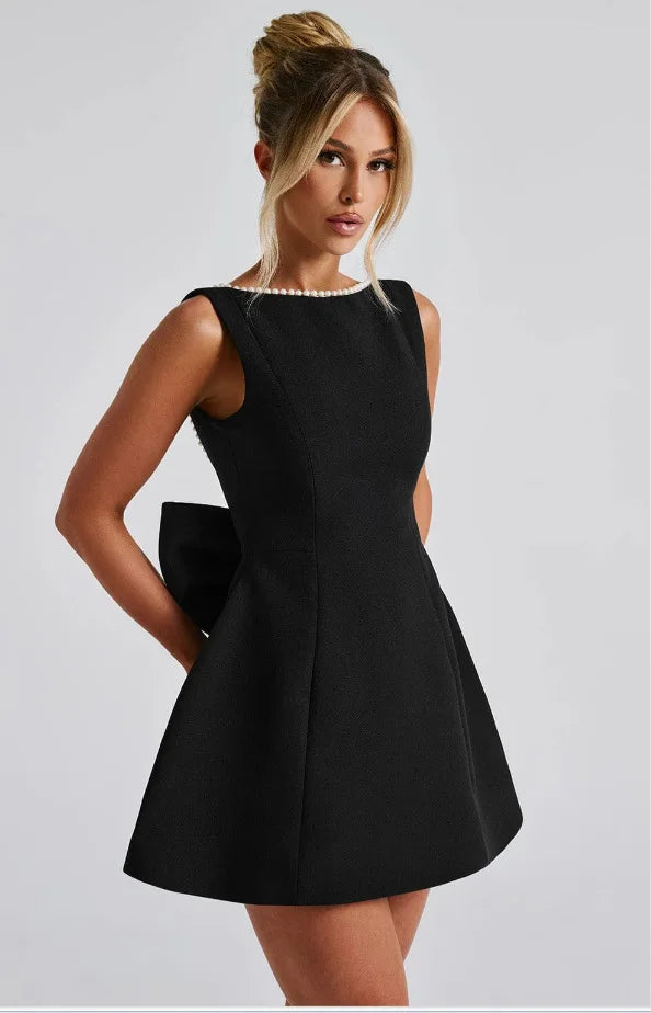 Elegant Pearl Bow Backless Sexy Mini Dress Women's Luxury Party Short Dresses White Black Pink Birthday Evening Wedding Summer