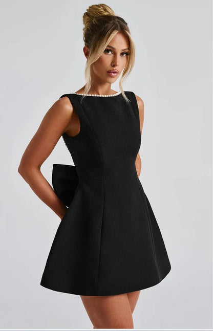 Elegant Pearl Bow Backless Sexy Mini Dress Women's Luxury Party Short Dresses White Black Pink Birthday Evening Wedding Summer
