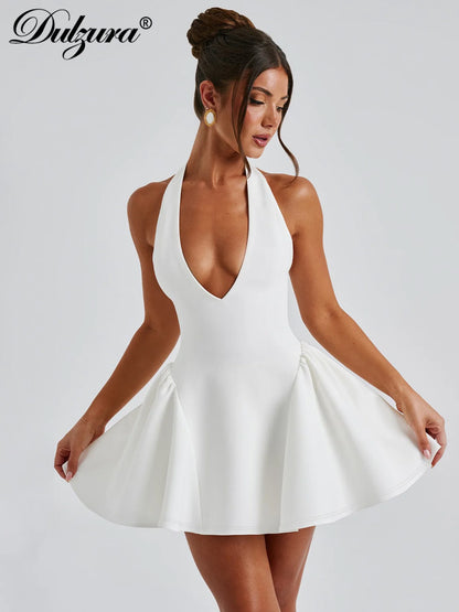 Dulzura Sleeveless Halter Lace Up Mini Dress Women'S Solid Sexy Elegant Prom Dress Evening Party Clubwear Autun Winter Outfit