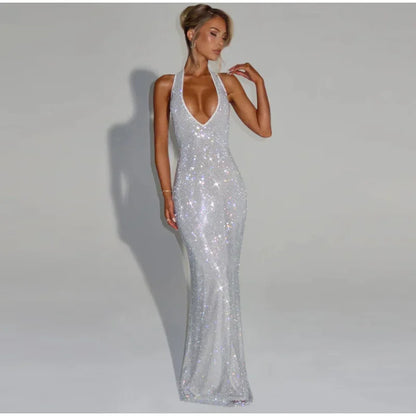 Women Glitter Halter Long Dress Sleeveless Backless Evening Party Solid Dresses Female Summer Chic Hollow Out Lady Vestidos