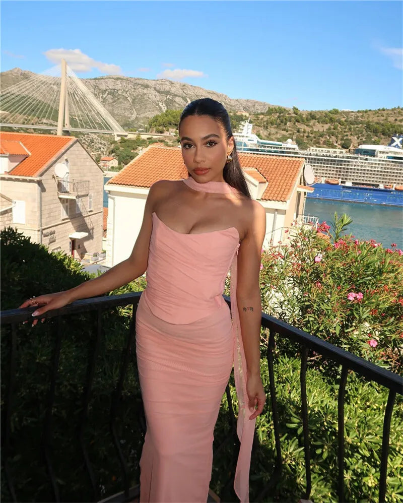 Mozision Sexy Two Piece Sets Women Neckerchief Strapless Crop Tops And Maxi Skirt Sets Sexy Club Party Skirt Two Piece Sets