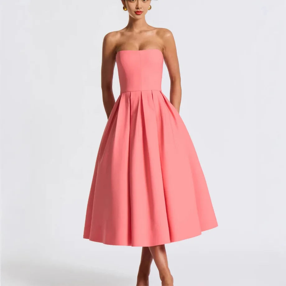 Strapless Lining Pleated Evening Party Dress Women Robes Backless Elegant Sexy Dress Bodycon Long Summer Dress Vestidos